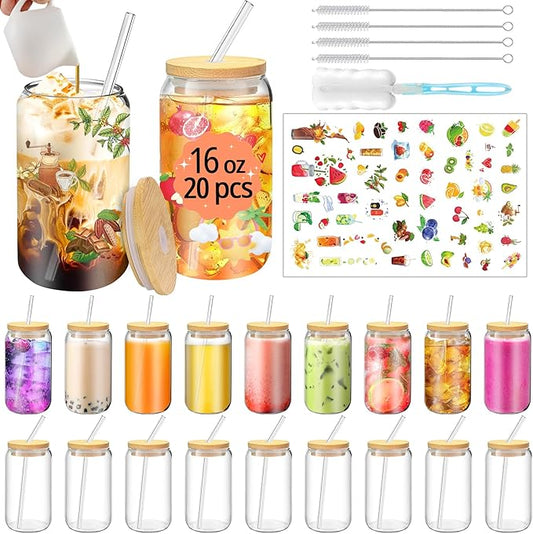 16 OZ Glass Cups with Lids and Straws, 20 Set Can Beer Glass Cups with Bamboo Lids Cute and Reusable Drinking Glasses with Lid Ice Coffee Glasses Great for Beer, Cocktail, Tea and Latte