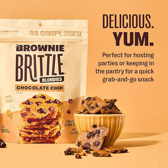 Brownie Brittle – Chocolate Chip Blondie Thin and Crispy Sweet Snacks (Pack of 6, 5 oz), Rich Gourmet Brownie Bites Dessert