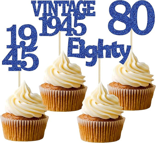 Gyufise 24Pcs Vintage 1945 Cupcake Toppers Glitter Cheers to 80 Fabulous Eighty Cupcake Picks 80th Birthday Wedding Anniversary Party Cake Decorations Supplies Deep Blue