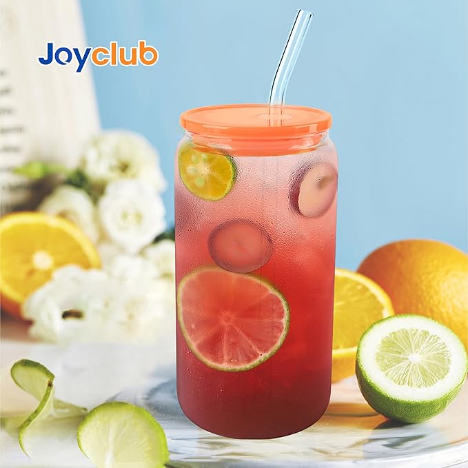 Joyclub 12pcs Glass Cups with Acrylic Lids and Straws 16 oz Can Shaped Glass Iced Coffee Cups with Lids and Straws, Cute Tumbler Cup Drinking Glasses for Smoothie Whiskey Boba Soda Tea Gift