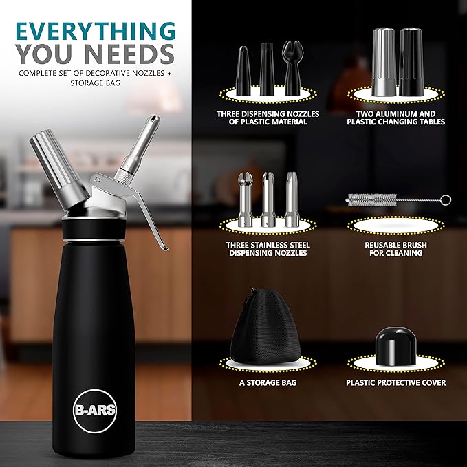 B-ARS Whipped Cream Dispenser-Professional Dispenser-Whip Cream Dispenser -Whipping Siphon-Whipped Cream Maker-Cream Whipper-Aluminum Whipped Cream Dispenser 500 ml.