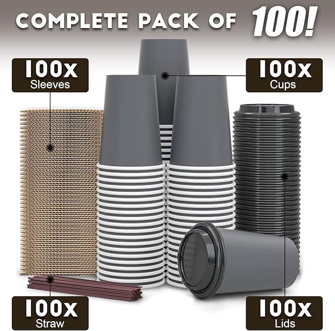 【100 Pack - 12 oz Disposable Coffee Cups To Go with Lids Sleeves and Straws 100% Biodegradable & Compostable Pla Eco Friendly Paper Coffee Cups for Tea Coffee Hot Chocolate