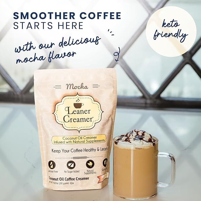 Leaner Creamer Natural Coconut Oil Based Lactose Free Gluten-Free and Sugar-Free Coffee Creamer Powder Infused with Supplements, Decadent Mocha (9.87oz Pouch)