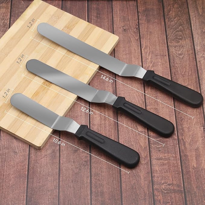 Stainless Steel Icing Spatulas Angled Cake Spatulas with 3 Cake Smoother Scrapers- Professional Frosting Offset Spatula Set with 6, 8, 10 inch Blades for Cake Decorating