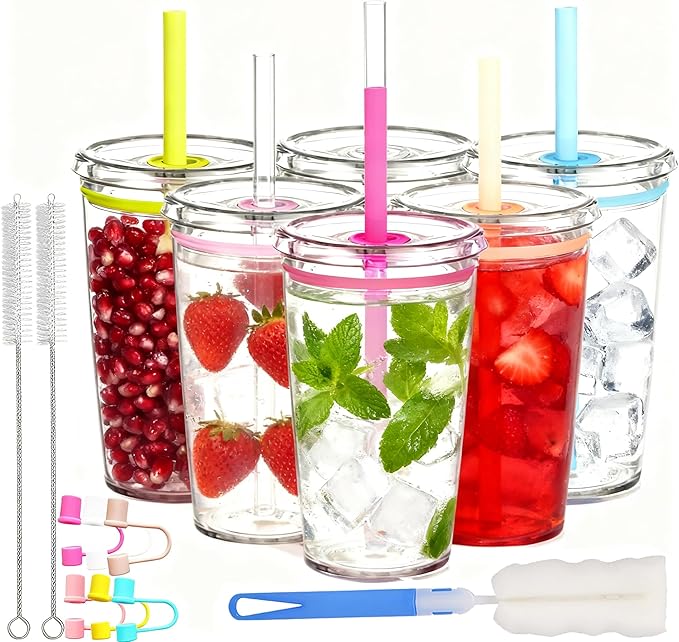 Clear Tumbler Cup, 16 oz Plastic Iced Coffee Cup with Lid and Straw, 6 Pack, Reusable and Dishwasher Safe, for Gatherings and Outdoor Adventures (6, Pure Transparency)