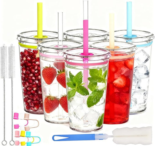 Clear Tumbler Cup, 16 oz Plastic Iced Coffee Cup with Lid and Straw, 6 Pack, Reusable and Dishwasher Safe, for Gatherings and Outdoor Adventures (6, Pure Transparency)