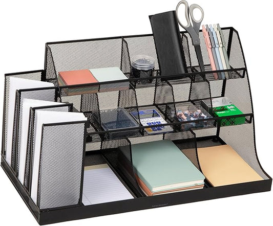 Mind Reader Countertop Organizer, 3-Tier Desktop Storage Rack, Office Breakroom Supply Caddy, Metal Mesh, Black