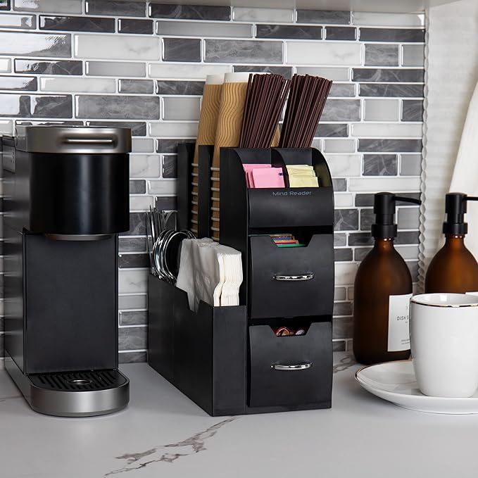Mind Reader Cup and Condiment Station, Countertop Organizer, Coffee Bar, Kitchen, Stirrers, 5.35"W x 11.25"L x 11.15"H, Black