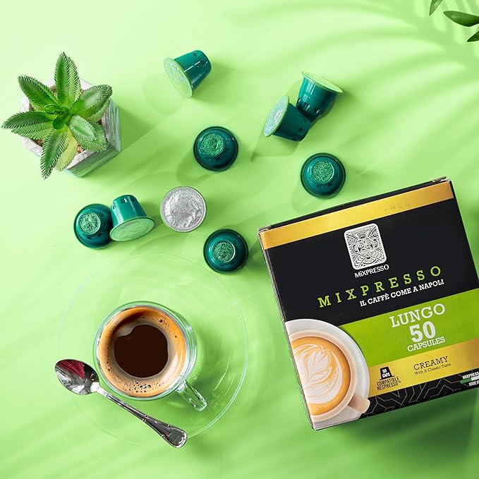 Mixpresso Lungo Coffee Espresso Capsules Compatible With Nespresso Original Brewers, Single Cup Coffee Pods 100% from Italy, Dark Roast 80% Arabica Espresso, 50 Count Coffee Capsule Intensity 10/12