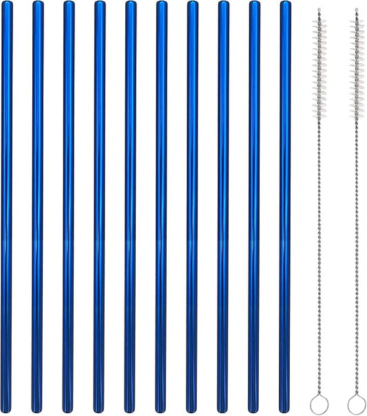 10 Pcs Stainless Steel Straws, Reusable Drinking Straws, Straight Metal Straw Sets with 2 Pcs Cleaning Brushes (8.5 Inch, Blue)