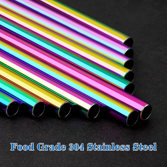 Tomorotec 8-Pack Bent Stainless Steel Straws for 40oz Stanley Tumblers, 12" Metal Straws for Stanley Cup with 1 Brush, Reusable Drinking Straws for Smoothies, Milkshakes, Dishwasher Safe (Iridescent)