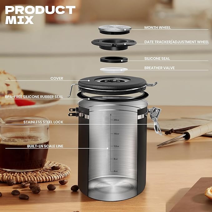 Coffee Canisters with Window,Scoop and Airtight Lid Stainless Steel Kitchen Bean Storage Grounds Container（22OZ/Black)Date Tracker and Scoop for Grounds Coffee Bar Accessories Beans, Cereal, Sugar