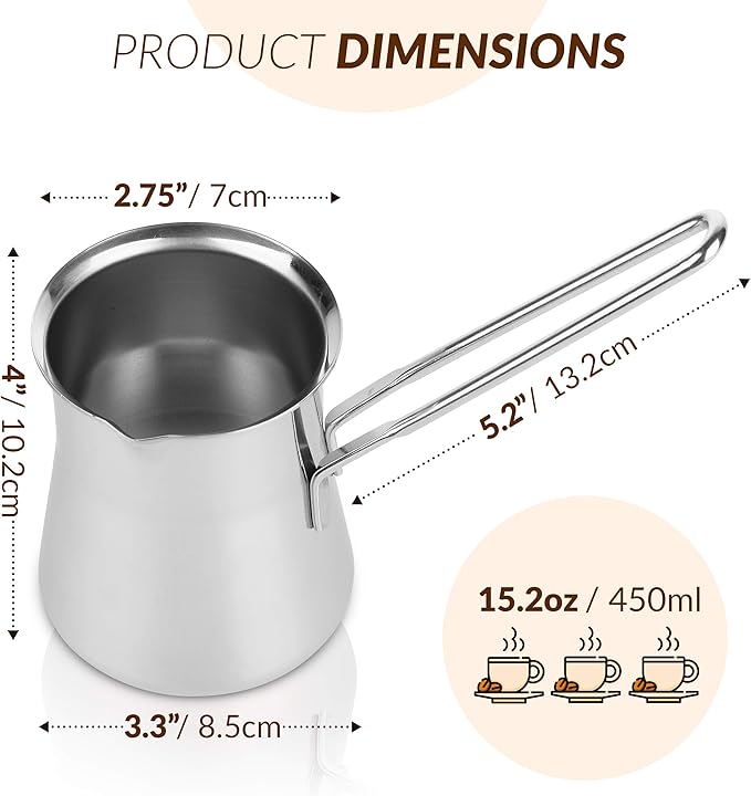 Quality Turkish Coffee Pot - Turkish Coffee Maker, Chai Pot, Arabic Coffee Pot, Briki Greek Coffee Pot, Greek Briki, Turkish Coffee Cezve, Turkish Coffee Pot Ibrik (15oz)