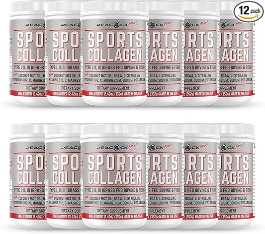 Sports Collagen Powder, 12.42 oz, Pack of 12 - Grass Fed Bovine & Wild Fish Hydrolyzed Type I, II, III Multi Collagen Peptides, Unflavored Protein Powder with Electrolytes