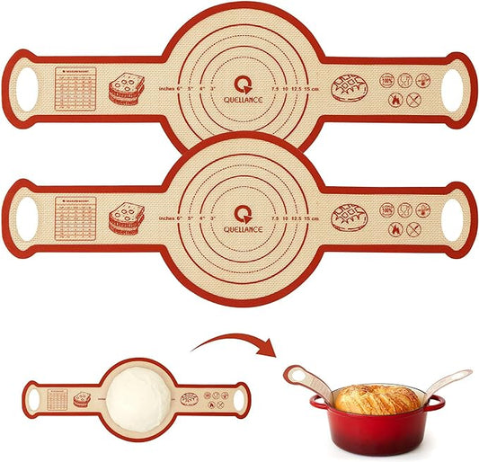 Silicone Sourdough Bread Sling Mat - 2Set Round Dough Baking Slings For Dutch Oven, NonStick High Degree Kitchen Sourbread Making Loaf Pan Lifter Liner, Reusable Cooking Transfer Mats with Long Handle