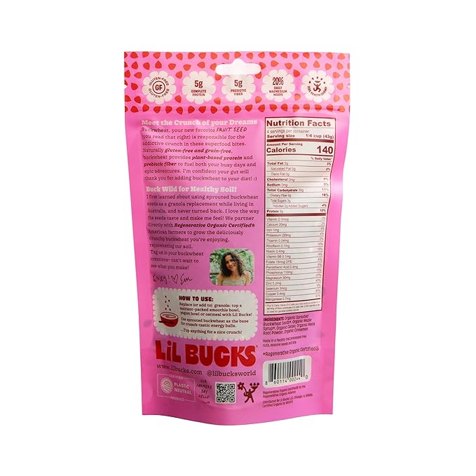 Lil Bucks Sprouted Regeneratively Grown Buckwheat Seeds– Paleo Cereal, Gluten-Free Granola, High in Protein, Low Sugar, Organic Superseed Crunch (CACAO, 1 Pack)