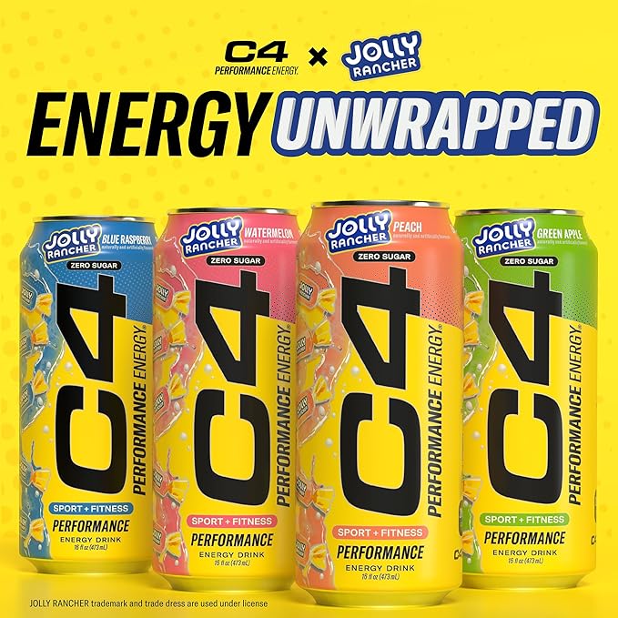 Cellucor C4 Performance Energy Drink | JOLLY RANCHER Watermelon | Zero Sugar Carbonated Preworkout Energy | 200mg Caffeine with Beta Alanine | 16 Fl Oz (24 Pack)