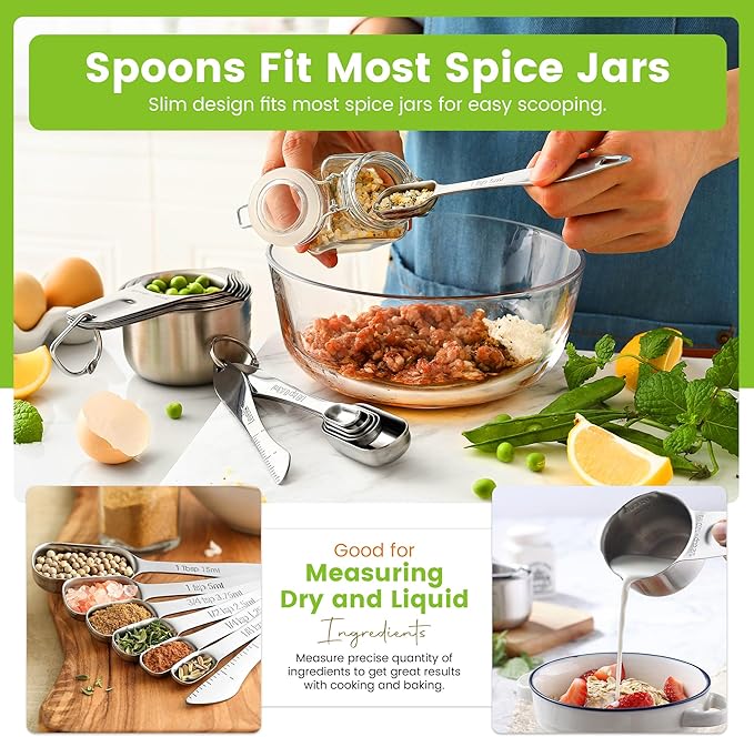 Spring Chef Stainless Steel Measuring Cups and Spoons Set of 14 with Leveler, Nesting Kitchen Metal Measuring Cups and Spoons Set for Dry and Liquid Ingredients, Perfect for Cooking & Baking