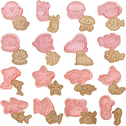 16Pcs Ocean Animal Cookie Cutters with Plunger Stamps Set, Fish, Dolphin, Starfish Plastic Biscuit Cutters, Sea Themed DIY Embossing Cutter for Biscuit Cookie Fondant Cheese Baking (F16)
