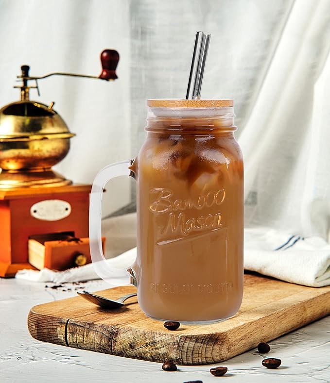 ANOTION Mason Jar with Lid and Straw, 24 oz Regular Mouth Mason Jars with Handle Drinking Glasses Tumbler Reusable Cups Smoothie Water Bottles for Iced Coffee (Classic 2 cups Style)