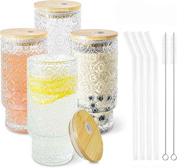 4 Pcs 16oz Drinking Glasses Cups Set with Bamboo Lids Straws Brush Begonia Vintage Glassware Set for Juice Iced Coffee Beer Cocktail Whiskey