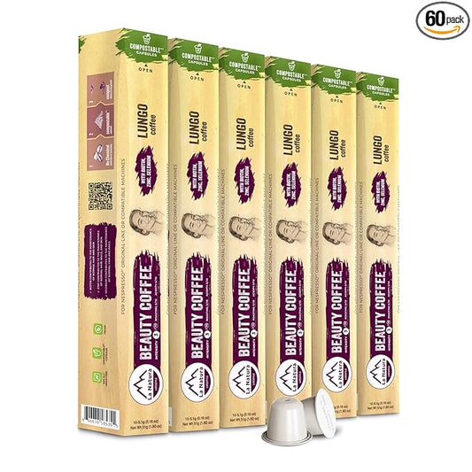 La Natura Lifestyle Beauty Coffee Pods - Lungo Roast European-Style with Biotin, Zinc & Selenium for Hair, Skin & Nails Health - Compostable Nespresso Original Line Compatible Capsules - Pack of 60