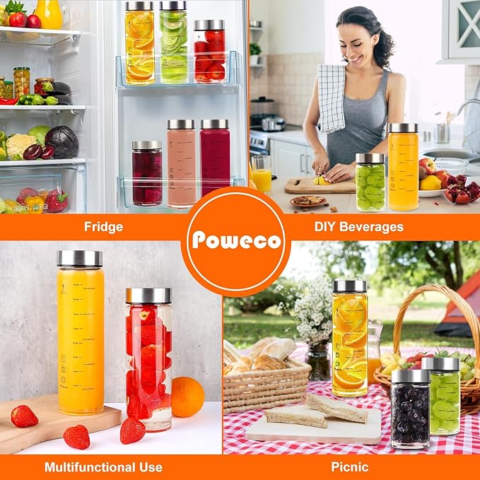 Glass Juice Bottles 4 Pack 12 oz - Wide Mouth Glass Water Bottles with Lids - for Juicing, Protein, Smoothie, Milk, Reusable, BPA Free, Stainless Steel Lids, Blender, Shaker Bottle [12oz/400ml]
