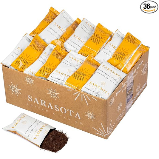 Sarasota Coffee Ground Packets | Gourmet Medium Roast Bulk Coffee Packs | Breakfast Blend | Low Acid Mold Free Singles Individual Pouches for 12 Cup Coffee Maker | 2.5 Ounce Bags, 36 Count