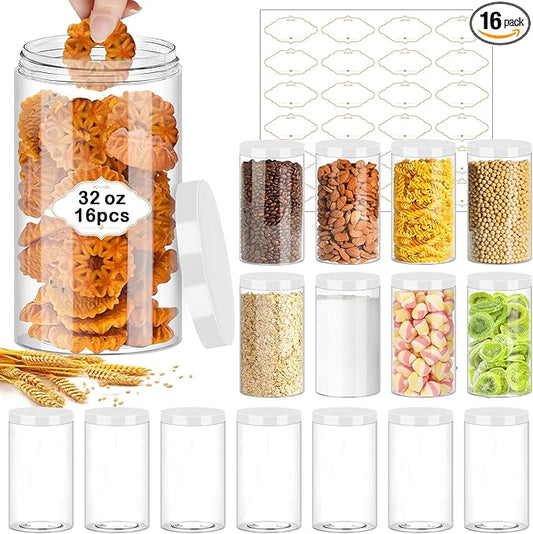 32 OZ Plastic Jars,16 Pcs Clear Plastic Jars with White Lids Round Empty Storage Jar Wide Mouth Refillable Storage Container with Lids for Household and Kitchen Food Organizing