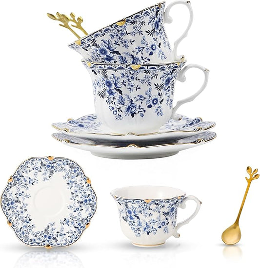 TATSUMI Country Roses Bone China Tea Cup and Saucer Set, 6 Pieces, Vintage Style, For Women and Tea Parties（QH, 2 SETS）