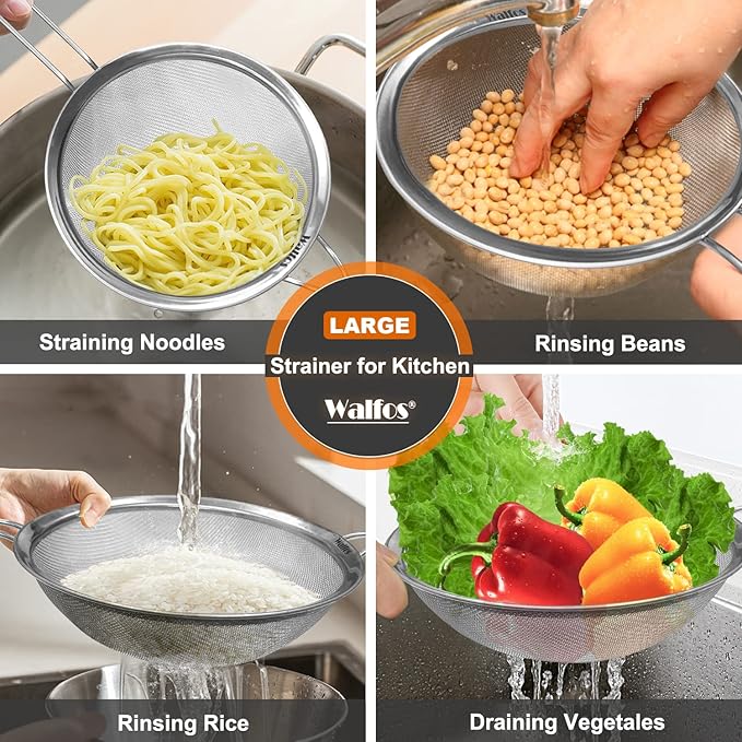 Walfos 9.5 Inch Large Fine Mesh Strainer, Stainless Steel 30 Mesh Sieve with Sturdy Handle, Kitchen Food Strainers Sifters for Rice, Quinoa, Pasta, Fruits, Vegetables, etc.