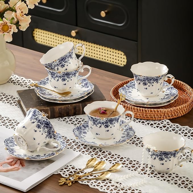 TATSUMI Country Roses Bone China Tea Cup and Saucer Set, 6 Pieces, Vintage Style, For Women and Tea Parties（sky blue，6 sets）