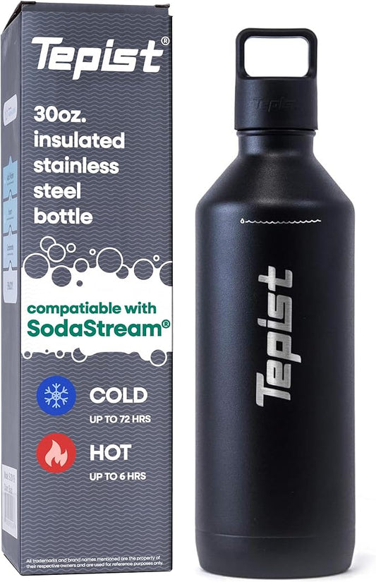 ThirtyO 30oz Stainless Steel Bottle Compatible with Sodastream Machines | Powder Coated Black | Vacuum Sealed | Double Walled | Leak-Proof | Easy to Carry | Reusable Bottle