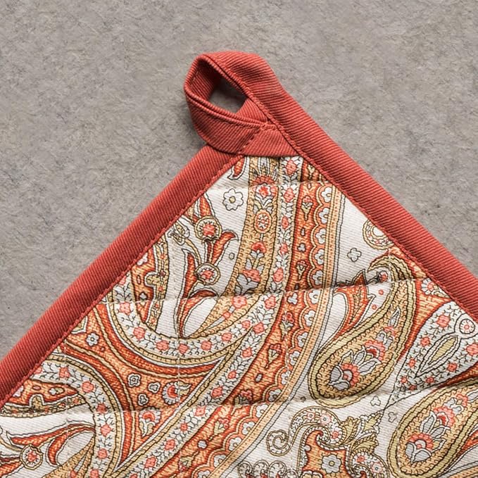 Maison d' Hermine Pot Holders Set 100% Cotton Heat Resistant Potholders 8" x 8" Hot Pads with Loop BBQ, Cooking, Baking, Grilling, Kitchen, Handling Hot Pans (Pack of 2, Kashmir Paisley)