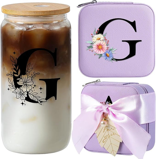 AYGXU Travel essential jewelry box,16oz Glass Cups with Bamboo Lids and Straws set,Personalized Jewelry Boxes for Women Girls,Travel Gifts for Women,Birthday Gifts for Girls,Initial G purple
