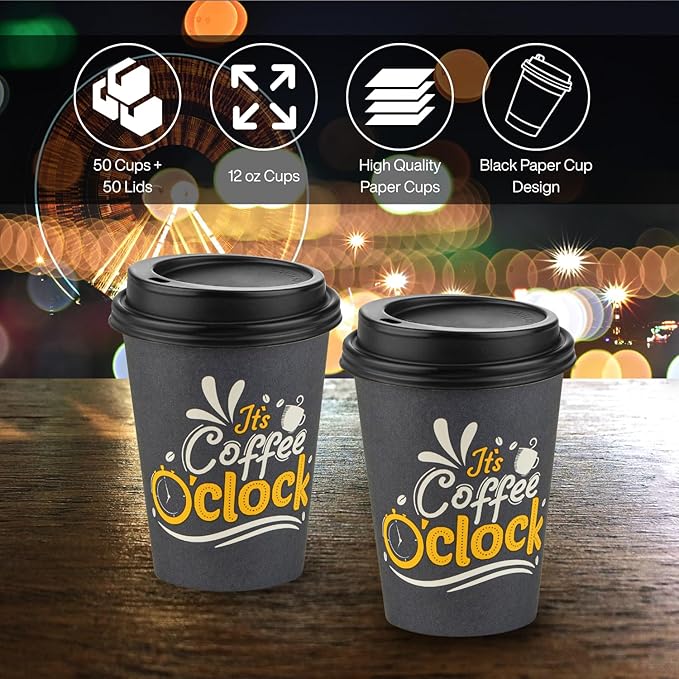 Smygoods Disposable Coffee Cups with Lids, To Go Paper Hot Cups, Coffee O'Clock Design (12 OZ, 50 Count) For Hot Beverages, Coffee, Tea, Espresso, Cocoa - Vasos Para Cafe