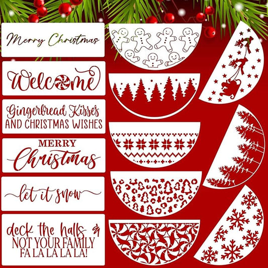 Christmas Stencils for Painting 12” Xmas Stencil for Wood Half Round Holiday Stencils Merry Christmas Let It Snow Templates for Porch Door Home Decor