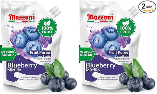 Mazzoni Blueberry Puree, 100% Pure Blueberries, Just Fruit, No Sugar Added, 2.2 lbs (35.2 oz) RMixer for Cocktails, Drinks, Smoothies. Convenient Pouch, Made in Italy (Pack of 2)