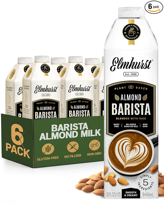 Elmhurst 1925 Almond Milk Barista Edition – 32oz (6-Pack) Plant-Based, Vegan, Dairy-Free, Kosher, Gluten-Free, Non-GMO, Froths for Lattes & Iced Coffee, 3g Protein per Serving, Simple Ingredients