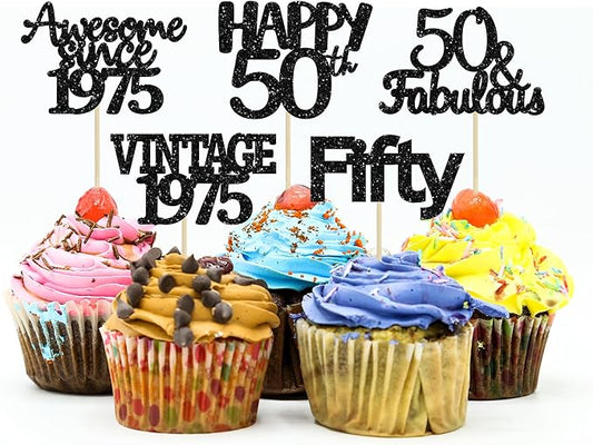 Gyufise 30Pcs Vintage 1975 Cupcake Toppers 50th Birthday Cake Decorations Cheers to 50 Fabulous Fifty Cupcake Picks 50th Birthday Wedding Anniversary Party Cake Decorations Supplies Black