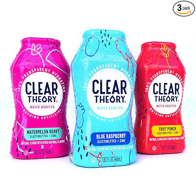 Clear Theory Water Flavoring Drops, Electrolytes Drink Mix, Water Enhancer Liquid, Flavored Hydration for Kids, Vegan, Gluten Free, Low Calories, Stevia, Variety Pack, 3 Pack, 1.62 Fl Oz Bottles