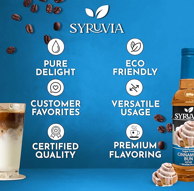Syruvia Sugar Free Coffee Syrup, Cinnamon Bun Flavored Syrup for Drinks, Lattes, and Desserts – 25.4 fl oz, With Pump