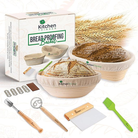 Banneton Bread Proofing Basket, Sourdough Bread Baking Supplies with 9 Inch Round and 10 Inch Oval Banneton Basket, Danish Dough Whisk,Dough Scraper and Bread Lame