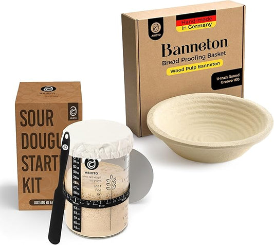 Sourdough Proofing Basket and Starter Jar Kit – 2.2 LB Round Wood Pulp Banneton with Grooved Pattern (Made in Germany) and 34 oz Sourdough Starter Jar, Thermometer Strips & Spatula –Bread Proofing Set