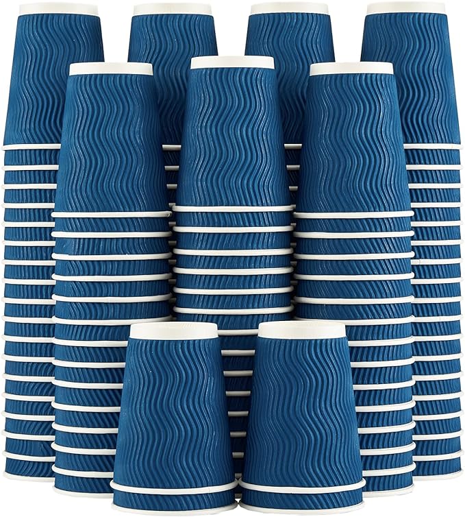 Lamosi Coffee Cups 12 oz - 120 Pack, 12 oz Disposable Paper Coffee Cups Insulated, Corrugated Kraft Ripple Wall Cup for Hot Beverage or Cold Drinks (Navy)