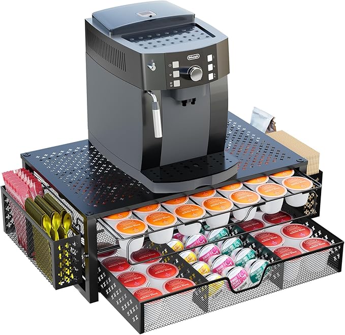 Simple Trending Coffee Pod Holder for K Cups, with 2 Tier Slidng Storage Drawer and Coffee Accessories Holder, 63 Large or 80 Small Capsule Organizer, Black