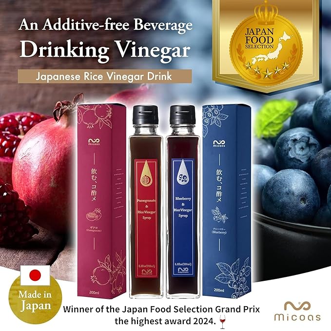 [Micoas] Pomegranate & Rice Vinegar Syrup, Blueberry & Rice Vinegar Syrup, Drinking Vinegar, Perfect For Gift, With Kombucha, Gluten Free, Made in Japan, 200ml (6.8 oz), 4 Pack