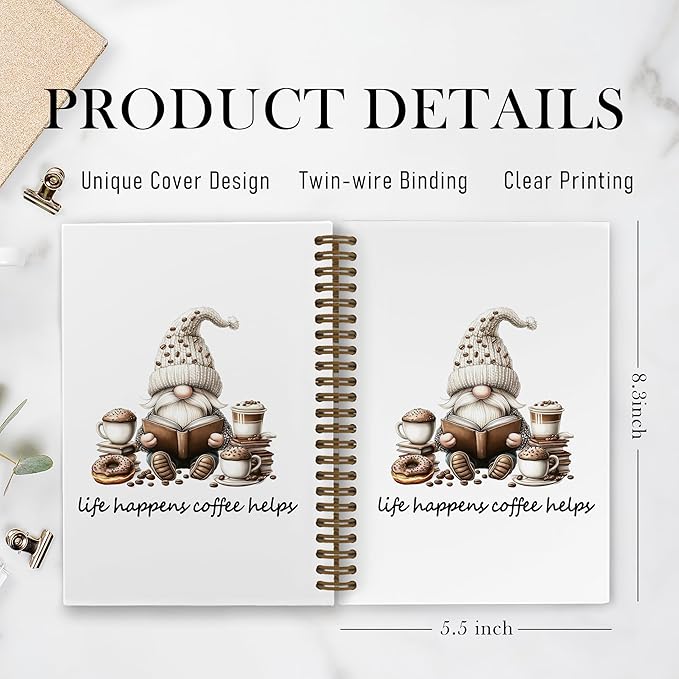 Funny Coffee Gnomes Spiral Notebook, Coffee Lovers Gifts Journal Notebook, Gnome Gifts Notebooks for School Work, Life Happens Cafe Helps Office Supplies Gifts for Women Men, 5.5x8.3 Inch