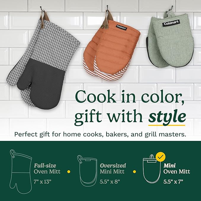Cuisinart Mini Oven Mitts – 5.5” x 7” Heat-Resistant Kitchen Mitts for Oven with Non-Slip Neoprene Palm, Cotton Filling, and Fabric Loop – Durable Oven Mitt Set for Cooking & Baking (Taupe)
