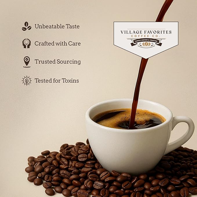 Village Favorites Flavored Coffee – Low Acid, Mold-Free, 100% Arabica, Slow Roasted Medium Roast, Smooth & Stomach Friendly, Ground, 1LB Bag (16oz)- Kosher (16oz, Apple Crumb Cake)